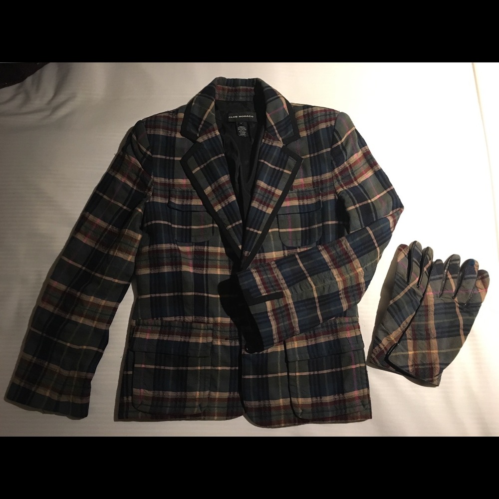 Club Monaco blazer and matching gloves in plaid